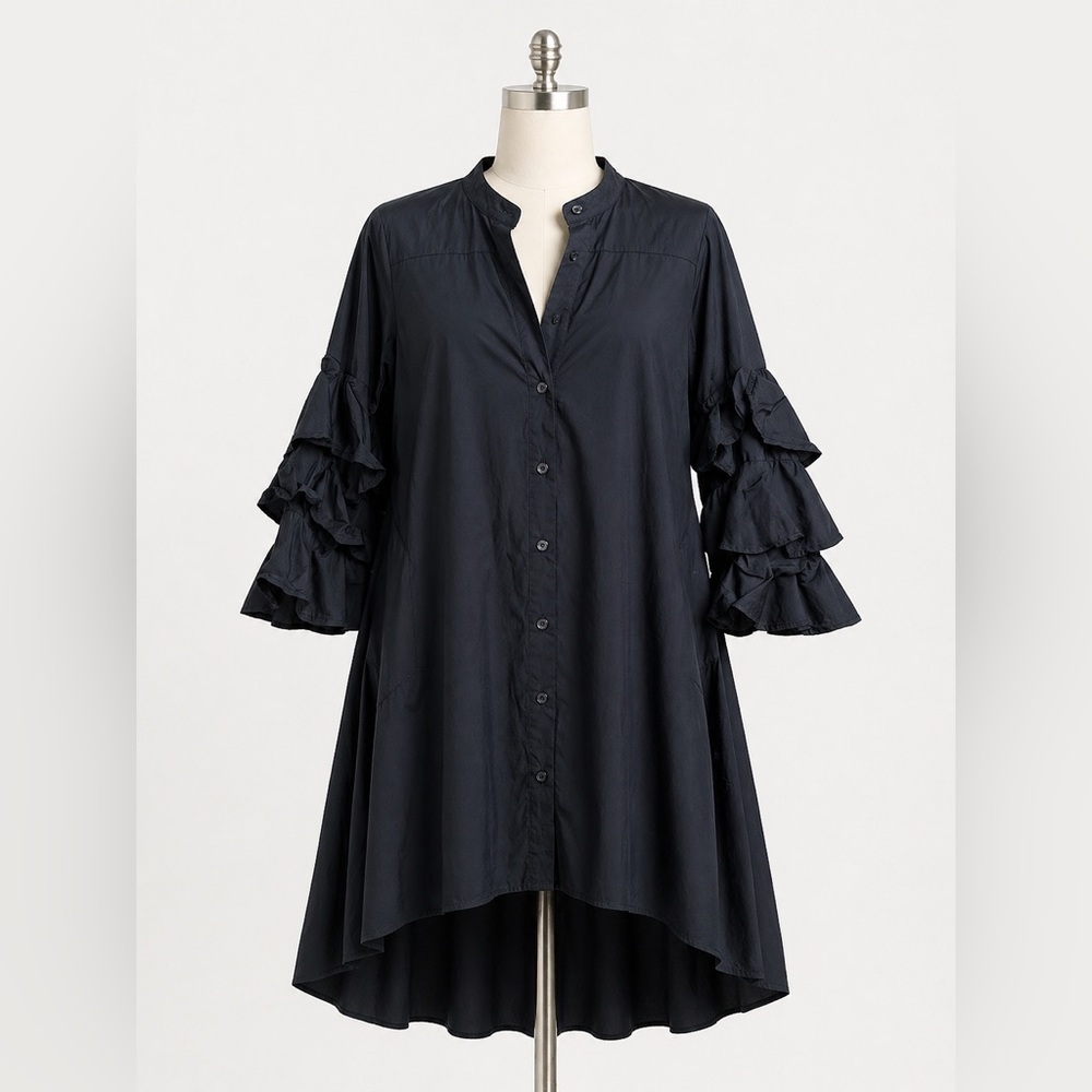 Gracia Black Ruffle Sleeve Tunic Dress | Button Front High-Low Top | Size M